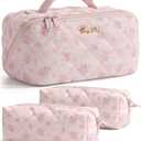 Travel Makeup Bag, 3 Pcs Large Capacity Puffy Toiletry Bag for Women, Open Flat Make up Cosmetic Organizer w/Handle & Clear Divider Water-resistant Portable Pouch Travel Essentials, M-Pink Rose