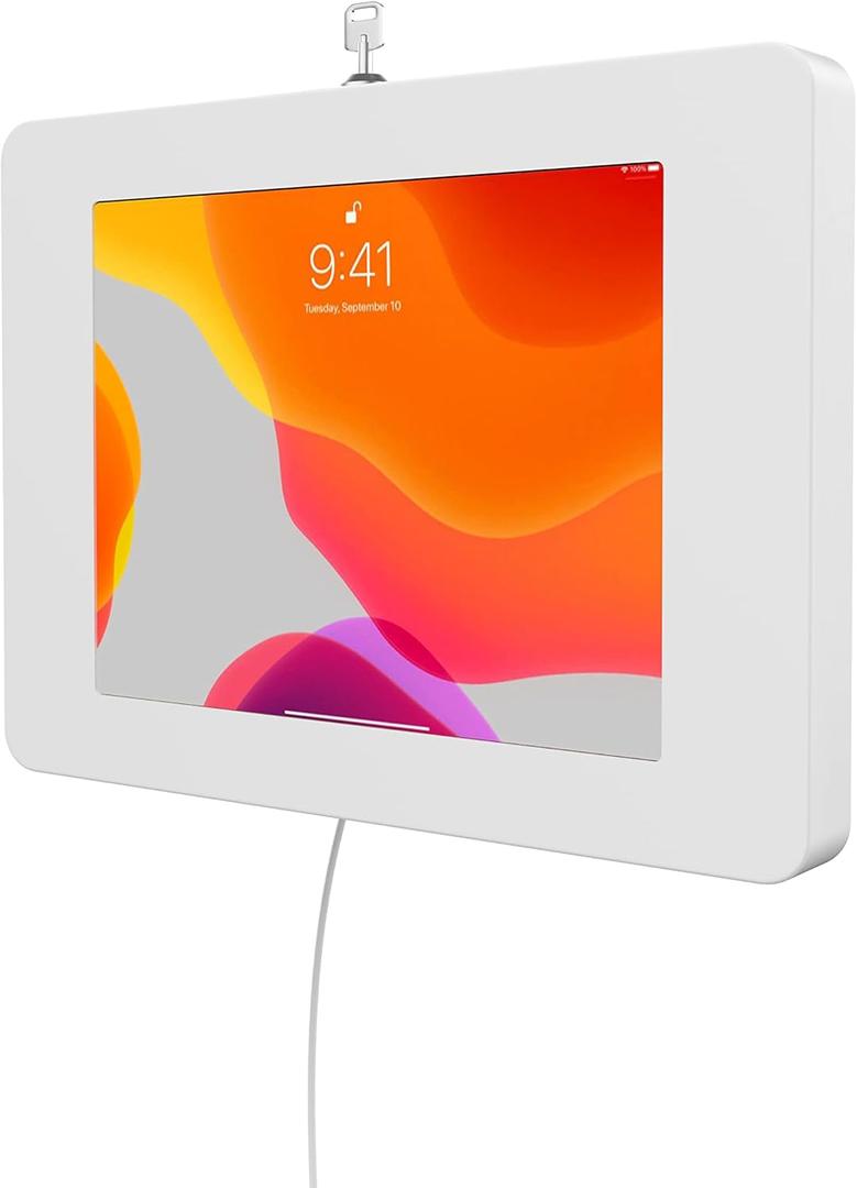 Locking iPad Wall Mount - CTA Anti-Theft Small Locking Tablet Enclosure w/ Key Lock & Interior Cable Routing for iPad Mini 1, 2, 3, 4, 5, 6, Samsung Tab A 8″, Lenovo Tab E8 - White- (PAD-PSWW)