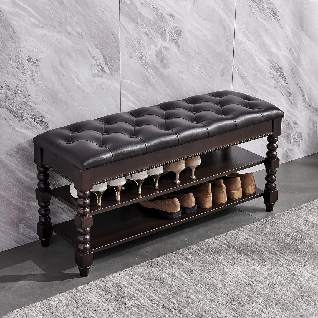 Shoe Storage Bench with Cushion, Entry Bench with Storage Solid Wood Shoe Bench Ideal for Entryway Living Room and Corridor (Walnut 39.4'')