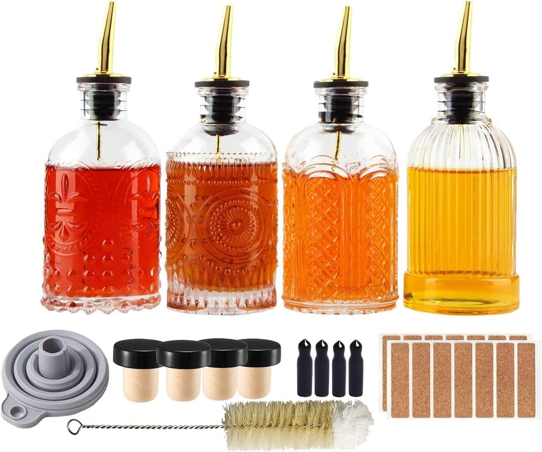 Syrup Dispenser Bottles Set, 4 Pack 7 OZ Bottles With Metal Pour Spout and Labels for Syrups, SC055 (4 Pack)