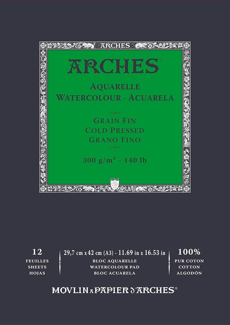 Arches Aquarelle 100% Fine 300 g Glued Pad A3 12 Sheets Natural White