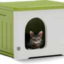 Plastic Cat House for Outdoor Indoor Use, Stackable Feral Cat Shelter Indoor Cat House Weatherproof Waterproof Elevated (Green)