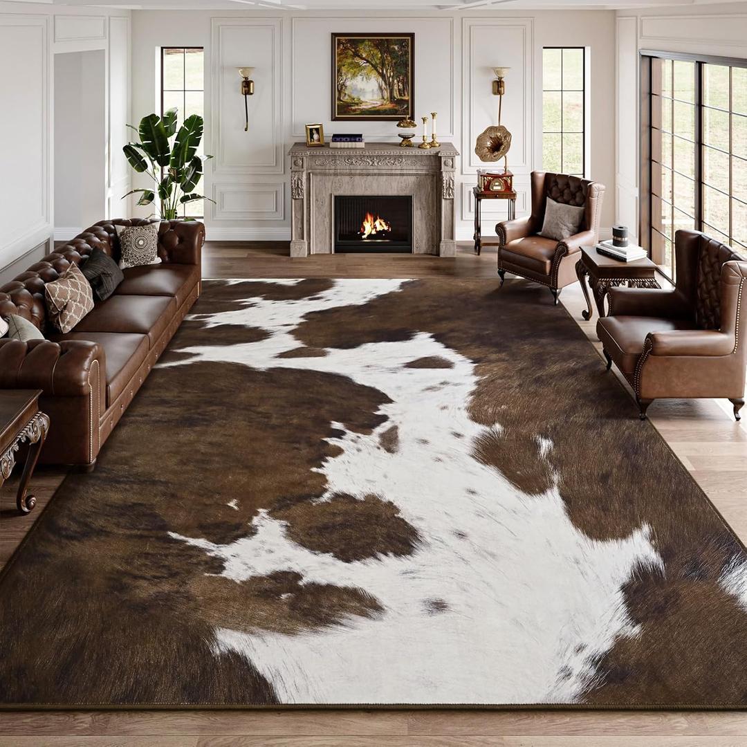 DweIke Cow Print Rugs for Living Room, 6x9 Large Soft Brown Faux Animal Cowhide Area Rug, Washable Non-Slip Stain Resistant Throw Carpet for Dining Room Office Western Home Decor