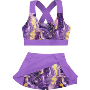 AIDEAONE Girls Swimsuit Two Piece Tankini Skirt Set with Boyshort Summer Beach Bathing Suit Size 6-14 (6-7 Years, Purple)