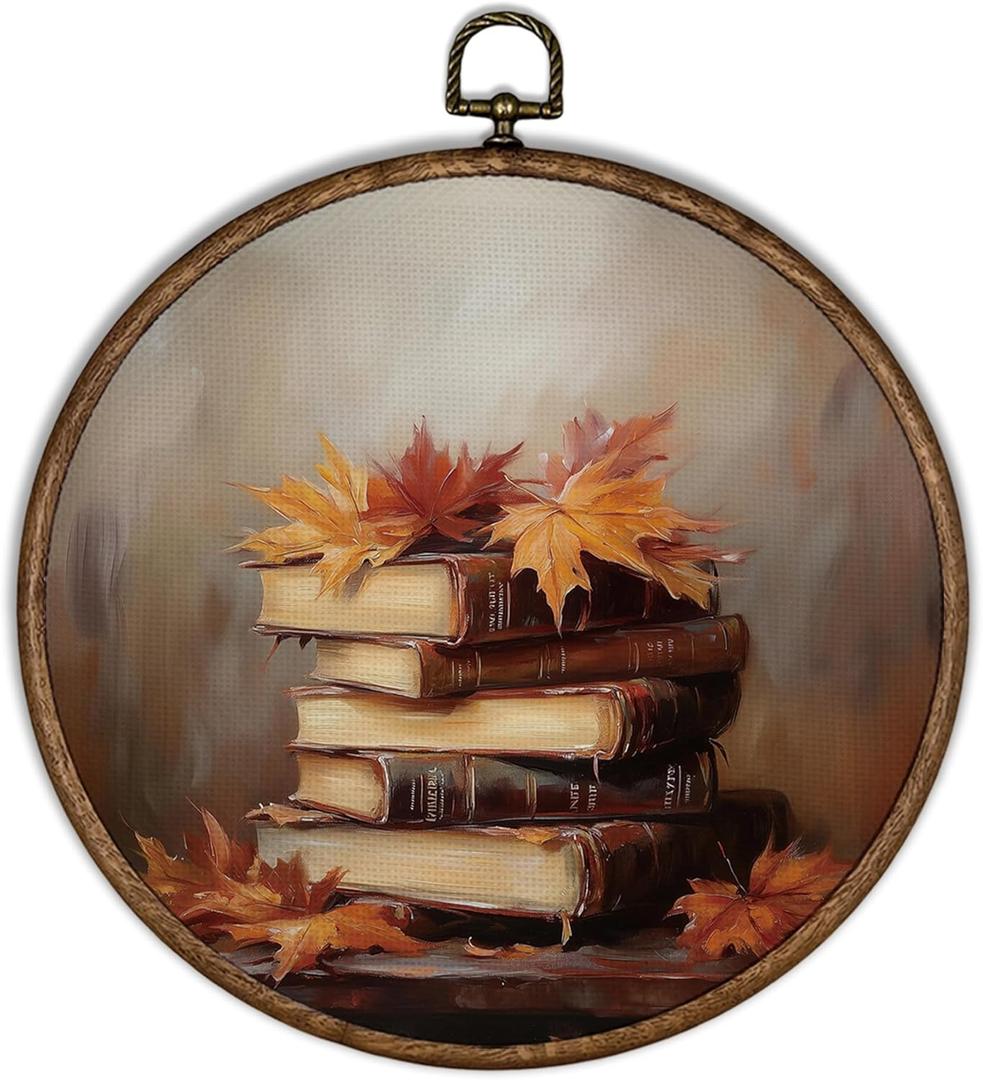 XBBMGG Vintage Fall Maple Leaf Book Wall Art Decor, Rustic Autumn Book Reading Round Wall Hanging Decor, Thanksgiving Bookish Framed Canvas Prints for Reading Room Library Home Decorations (10L" x 10W")