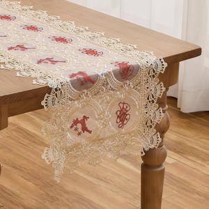 Beige Christmas Red Lace Table Runner, 74 inches Long Embroidered Xmas Element Table Decorations (Beige&Red, 19”x74”)