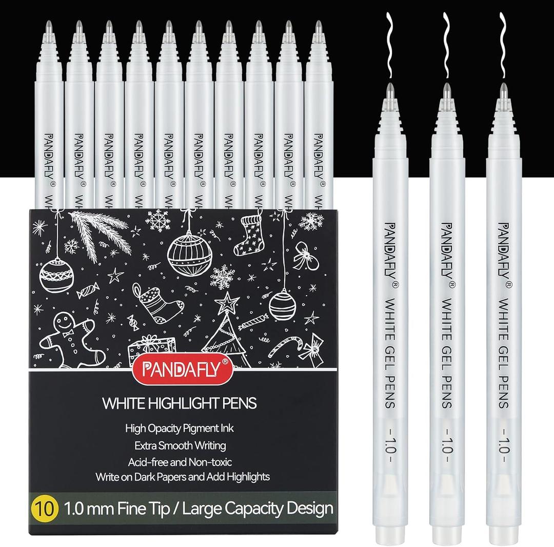 PANDAFLY White Gel Pens, 10 Pack, 1 mm Extra Fine Point Gel Ink Pen, Opaque Archival Ink Pens for Black Paper Drawing, Sketching, Card Making, White Pen for Art Highlight & Artists Drawing
