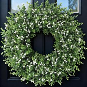 26" Artificial Eucalyptus Wreath with Baby's Breath for Front Door - Faux Eucalyptus Leaves, Fake Spring/Summer Greenery Flowers Wreath for Porch, Farmhouse, Wall, Window Outdoor Decor(White-Green)