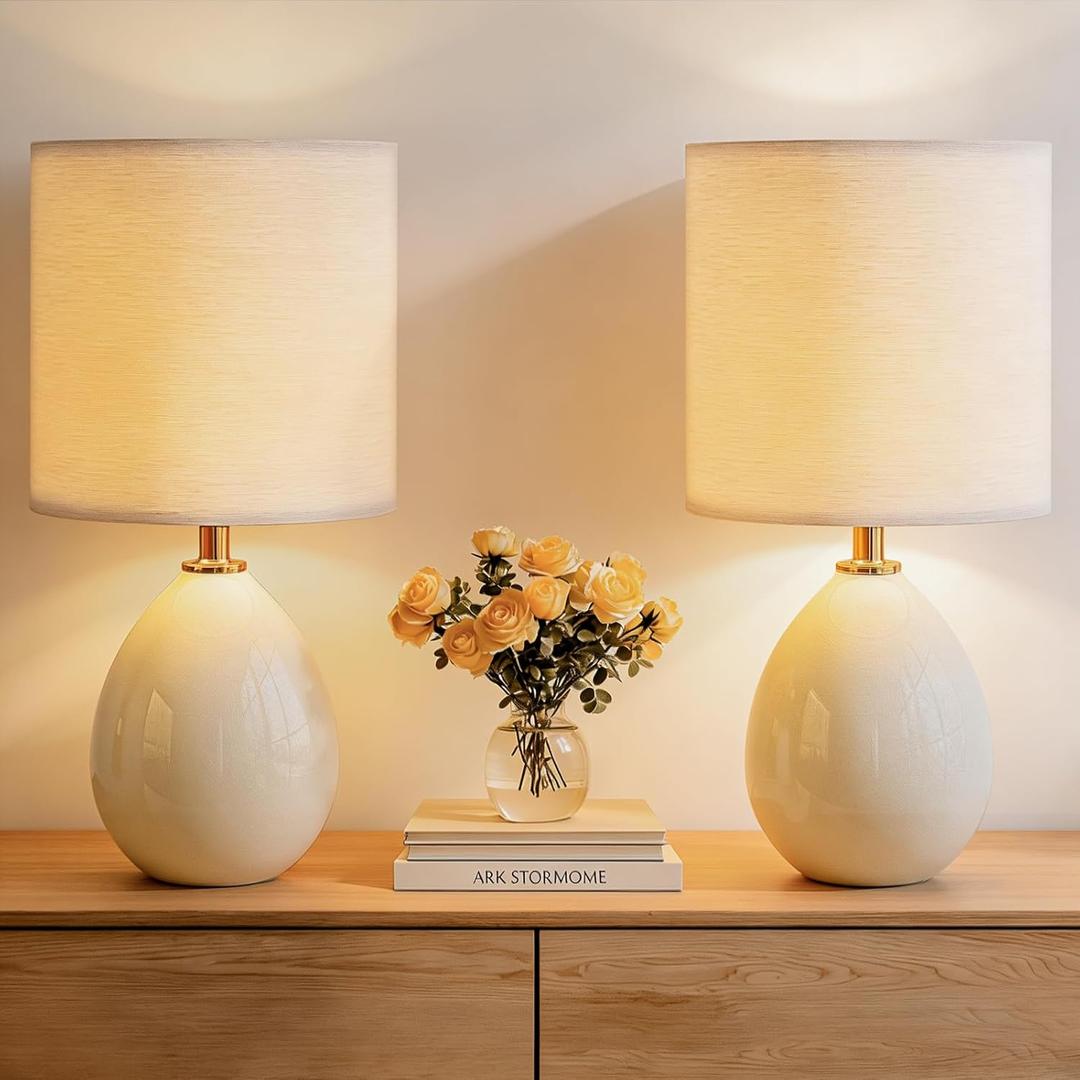 18.5" Table Lamps Set of 2 for Living Room Bedroom, Bedside Lamps for Night Stands, Desk Nightstand Lamp Dimmable, Modern Linen Cream Ceramic Lamps
