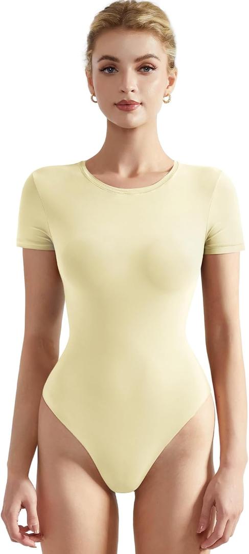 SUUKSESS Women Crew Neck Short Sleeve Thong Bodysuit Shirts Basic Top (Medium, Pale Yellow)