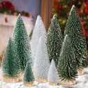 9pcs Mini Christmas Tree Desktop, Artificial Christmas Pine Tree, Mini Bottle Brush Trees Tabletop, Small Sisal Trees with Wooden Bases, Xmas Holiday Decor (Dark Green-Green-Silver)