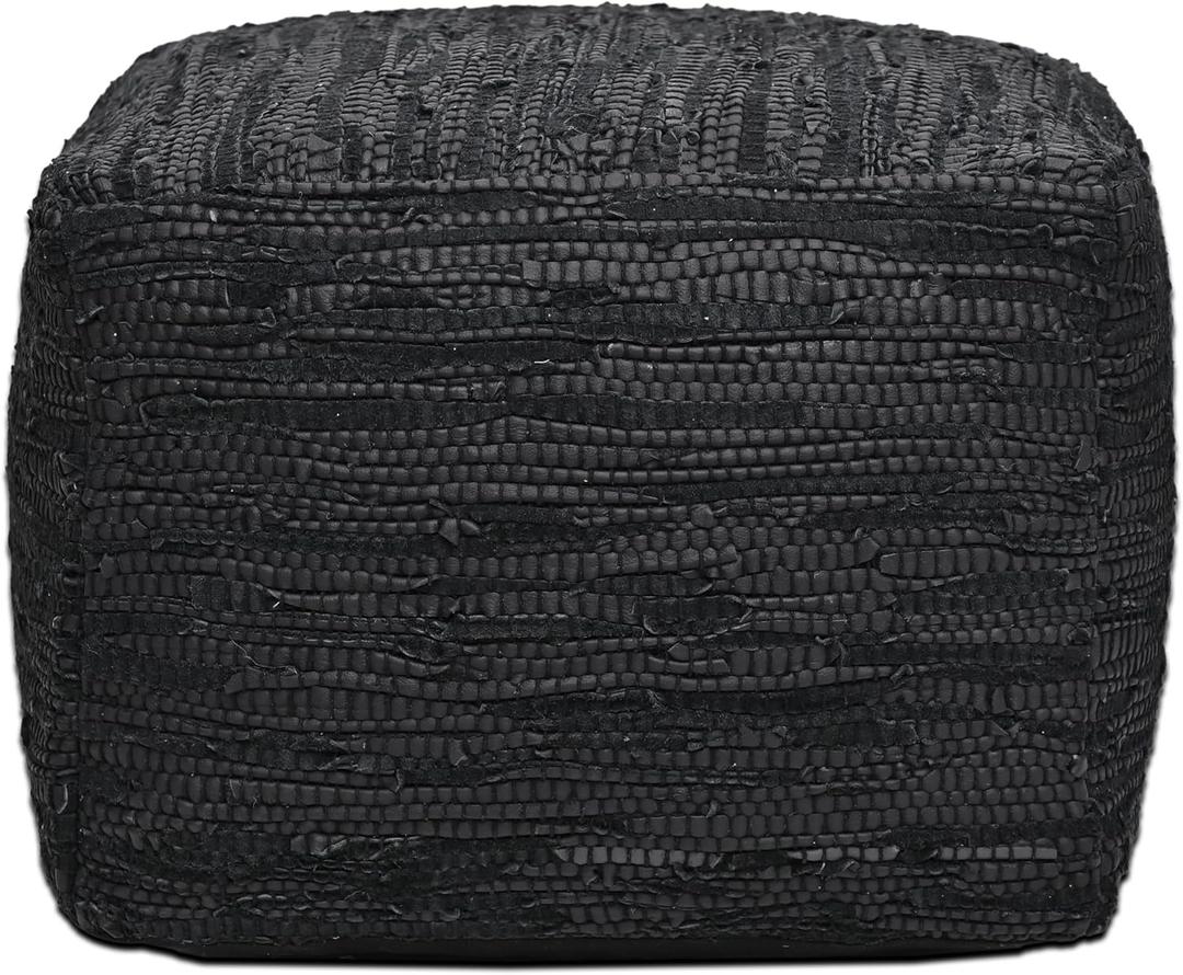 Wesley Black Leather Woven Pouf, 20"x20"x14"