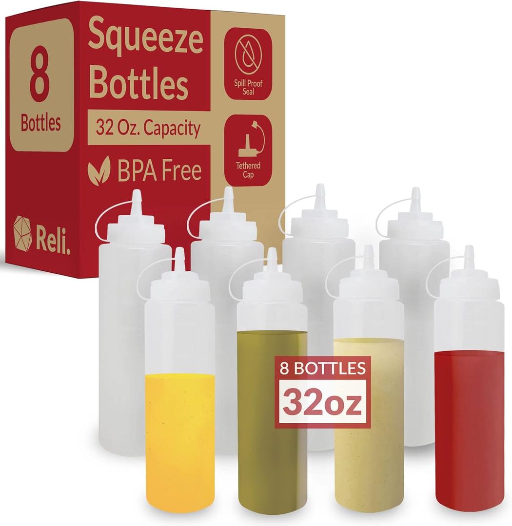 Reli. Plastic Squeeze Bottles, 32 oz. | 8 Pack | Condiment Squeeze Bottles for Sauces | Clear w/Tethered Caps | 32 Ounce Hot Sauce, Ketchup | Condiments, Olive Oil, Liquids
