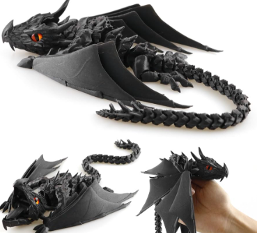 3D Printed Dragon with Wings, Fidget Dragon Toys, 3D Printed Animals, Flexible Articulated Winged Crystal Dragon Model,Home Office Decor Desktop Pet(Silk Black)