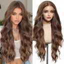 Lace Front Wig Long Wavy 28 Inch Highlight Caramel Brown 136 with Tiny Knots Synthetic Hair Natural Hairline Wig for Women Daily, Party & Date Looks
