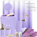 XLHOMO Purple Bathroom Accessories, 24 Pieces Purple and Gold Bathroom Accessories Set with Shower Curtain, Bath Towels, Trash Can, Soap Dispenser and Soap Dish for Bathroom/Housewarming