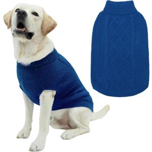 Mihachi Turtleneck Dog Sweater - Winter Coat Apparel Classic Cable Knit Clothes with Leash Hole for Cold Weather, Ideal Gift for Pet in New Year (Large, Royal Blue)