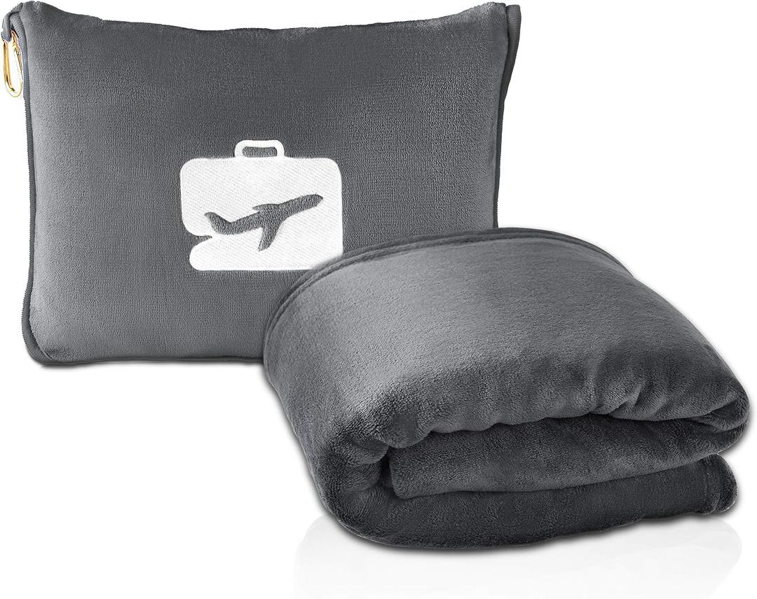 EverSnug Travel Blanket and Pillow - Ultra-Soft, Compact & Lightweight, 65x40 Inches, with Carry Case, Luggage Sleeve & Backpack Clip for Airplane Comfort (Grey)