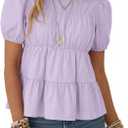 Rapbin Womens Puff Short Sleeve Babydoll Tops Summer Peplum Pleated Cotton T Shirts Casual Loose Fit Flowy Blouses (L)