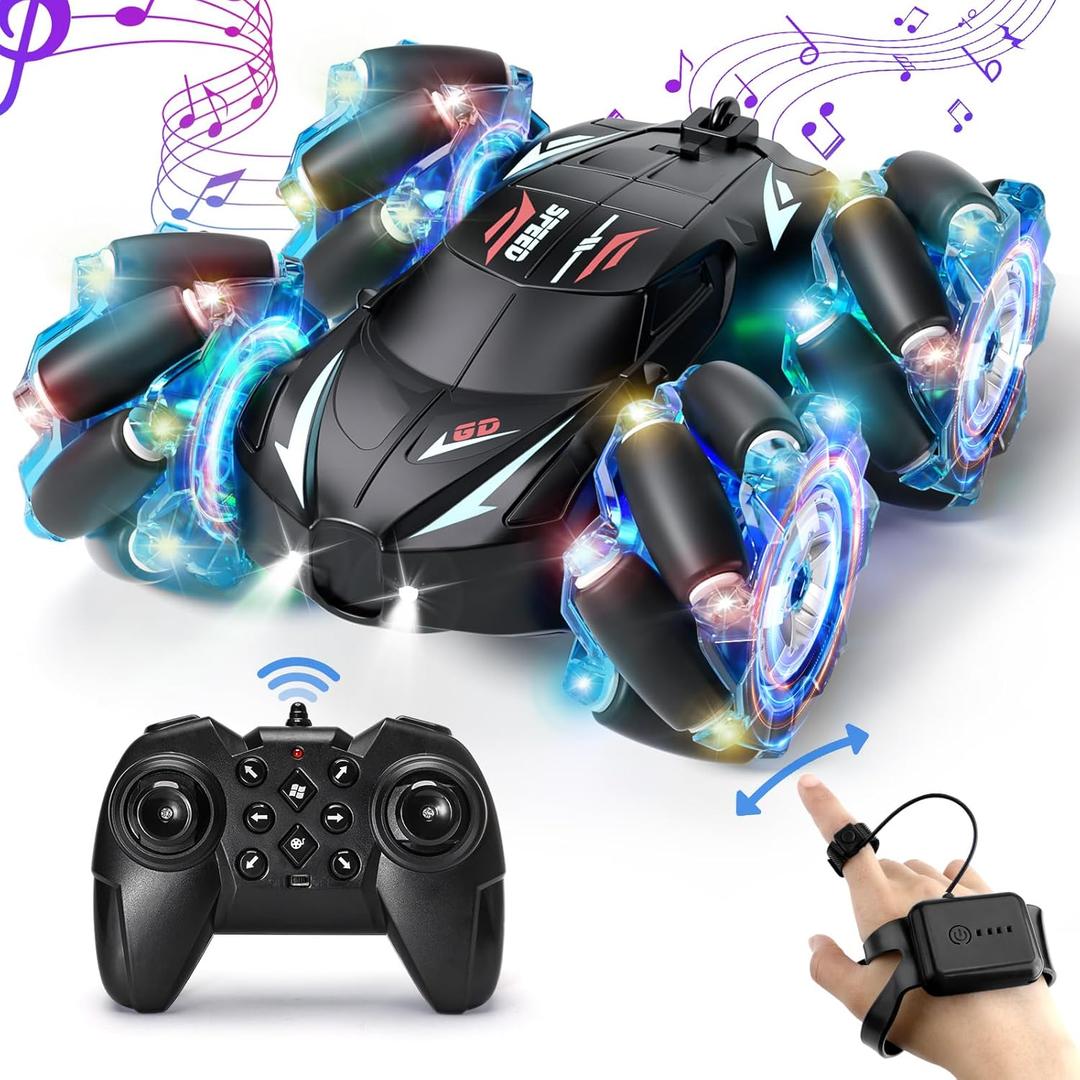 RC Stunt Car, 2.4GHz 4WD Gesture Sensing Remote Control Car with Cool Light and Music, Double-Sided 360 Flips RC Cars for Boys Age 6-12 8-12 Birthday Christmas Toy Cars(Blue)