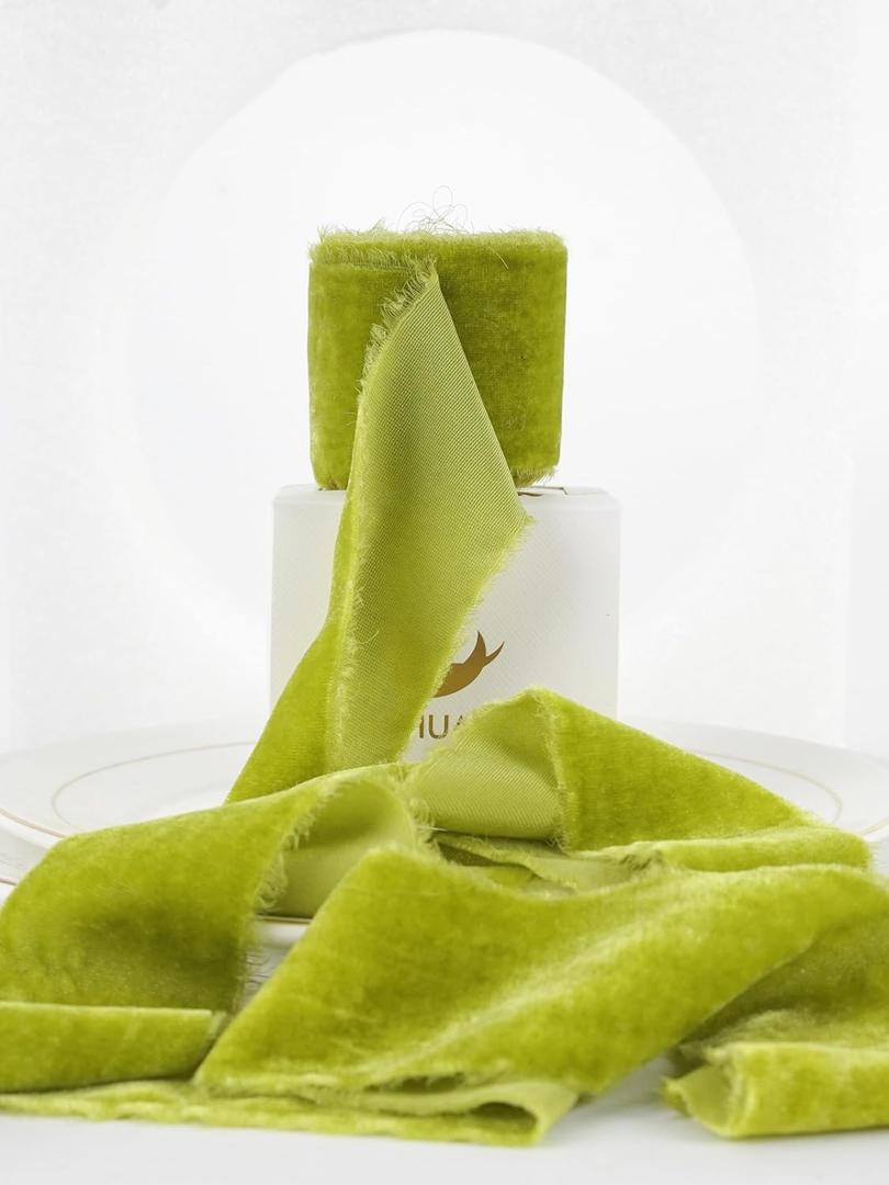 HUIHUANG Moss Green Frayed Velvet Ribbon 2 inch Handmade Fringe Silk Velvet Ribbon for Christmas, Flower Bouquet, Gift Wrapping, Wreaths, Holiday Home Decor-3 Yards/Roll