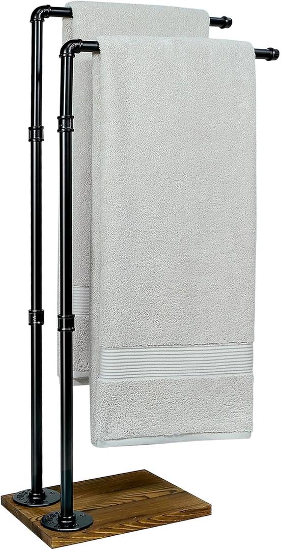 Hjarta 40 Inch Free Standing Towel Racks for Bathroom, Black Towel Holders with Wooden Base, 2-Tier Freestanding Towel Holder Stand for Bath Towel Sheet