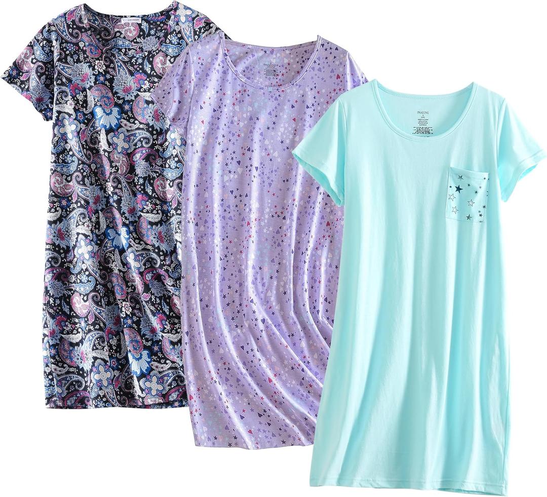 PNAEONG 3 Pack Women's Cotton Nightgown Sleepwear Short Sleeves Shirt Casual Print Sleepdress
