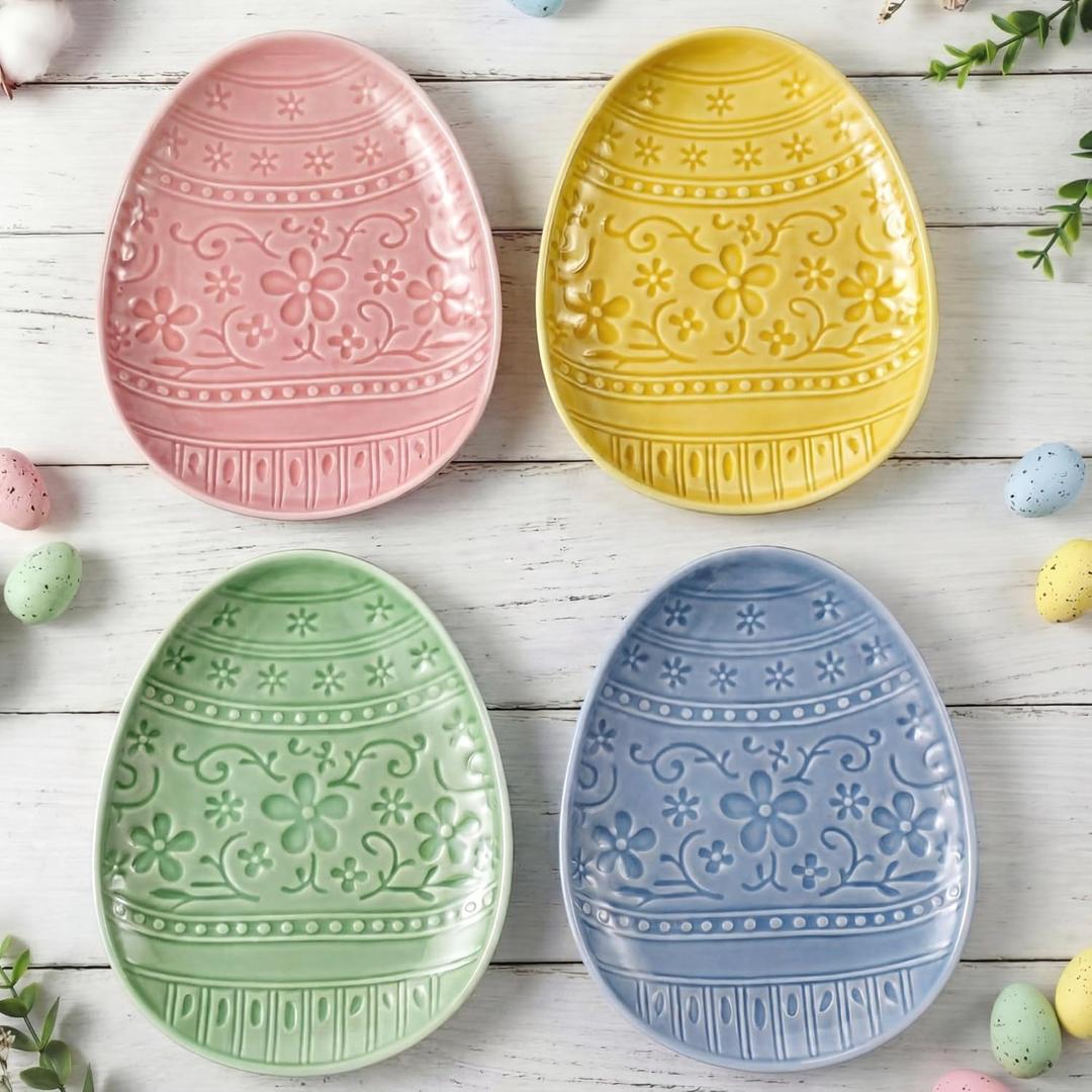Havawish 4 Pack Easter Pastel Ceramic Dessert Plates 7 Inch Egg Accent Plates for Easter Parties Appetizer Salad Snacks Family Meals Spring Kitchen Table Decor