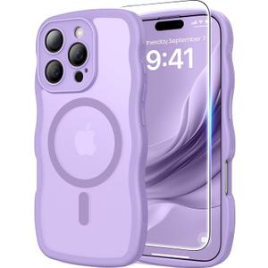 3 in 1 Magnetic for iPhone 16 Pro Max Case, 1X Screen Protector+1X Wrist Strap, Cute Wavy [Full Camera Protection] [Fit for MagSafe], Trendy Women Girls Case for iPhone 16 Pro Max 6.9", Light Purple