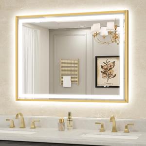 LED Bathroom Mirror 40"x30" Inch Brushed Gold Metal Frame Lighted Bathroom Vanity Mirror with Lights, Brighter Frontlit and Backlit Light up Anti Fog Mirror, 3-Color Dimmable, Memory Function