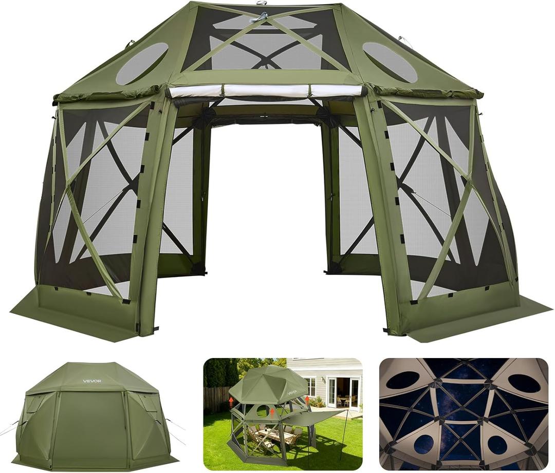 VEVOR Pop up Gazebo Screen Tent, 13 x 13 ft, 13-Sided Spherical Camping Canopy Tent with Removable Top & Carry Bag, Quick-Set & Bite-Proof, Screen House Sun Shelter for 10-12 Persons, Green