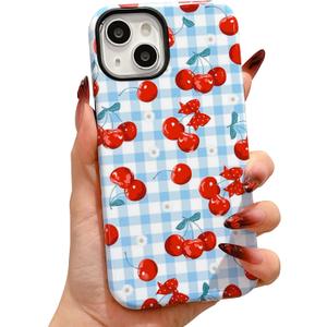 Designed for iPhone 13 Phone Case,Cute Flowers Cherry Bow Pattern with Shockproof Slim Soft TPU Hard PC Protective Phone Cases Cover for Women Girls Aesthetic-Blue Cherry