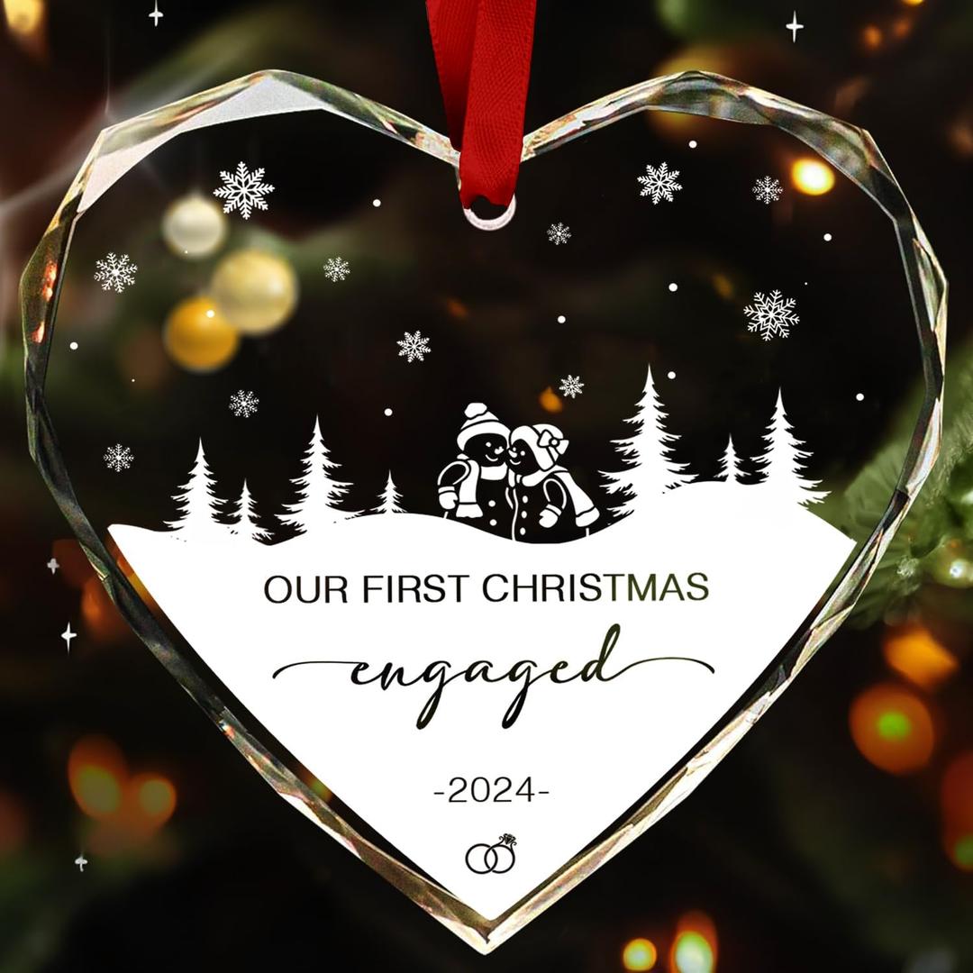Our First Christmas Engaged Ornament 2024, Engagement for Couples, Bridal Shower Newlywed, Christmas Tree Decorations, Heart Glass Wedding Ornament 