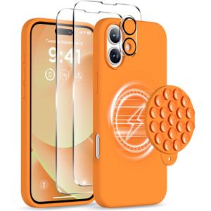 Magnetic for iPhone 16 Case, Compatible with Magsafe, Suction Cup Phone Mount, [2 Screen Protectors][Camera Lens Protector] Silicone Shockproof Protective Slim Phone Cover 6.1", Orange