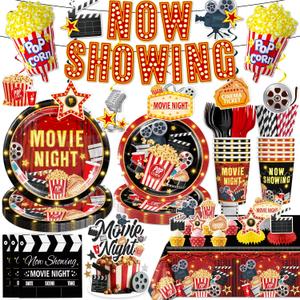 157pcs Movie Night Supplies, Convenient Paper Tableware Set Includes 300gsm Plates Now Showing Banner Waterproof Tablecloths and Popcorn Balloons for Movie Night Party