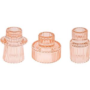 Double Sided Vintage Ribbed Taper Glass Candle Holders,Tea Candle Holder for Table Centerpieces, Wedding Decorations and Dinner Parties (Orange Pink, 3 PCS)