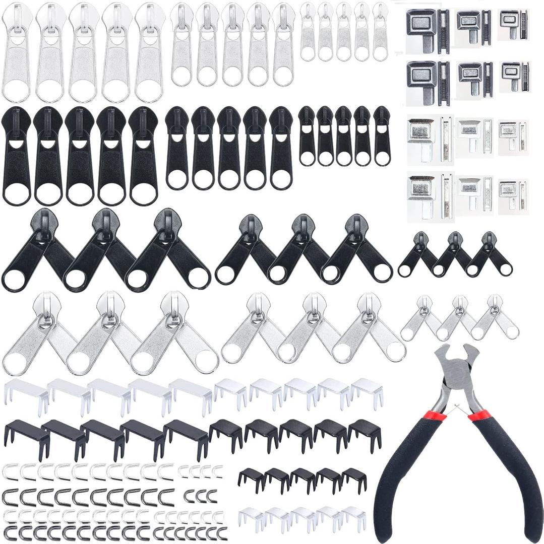 Minatee 163 Piece Zipper Repair Kit - Replacement Zippers, Sliders, Stoppers & Tools for Sewing, Luggage, Jackets, Coats, Jeans (Size 8/5/3)