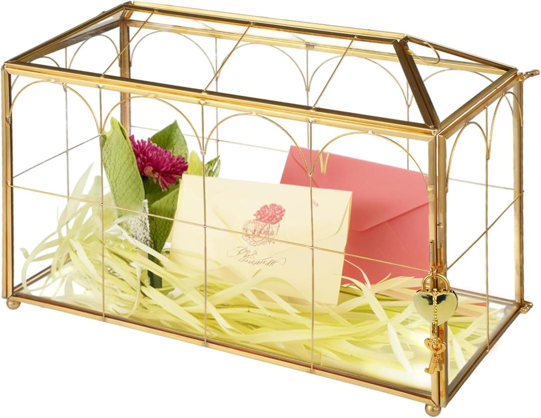 Glass Wedding Card Box with Gold Metal Frame, Envelope Card Reception Box with Heart Lock, Transparent Glass, 12.6 x 5.9 x 9 in