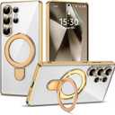 Compatible with Samsung Galaxy S24 Ultra Case with Magnetic Ring Stand [Compatible with Mag-Safe] [Full Camera Lens Protector] Plating Clear Phone Case for S24 Ultra 6.8", Gold