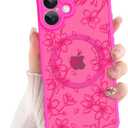 ZIYE for iPhone 16 Case Flower Floral Pattern Hot Pink Compatible with Magsafe Phone Case with Camera Protection,Soft TPU Bumper Hard PC Protective Magnetic Phone Cover