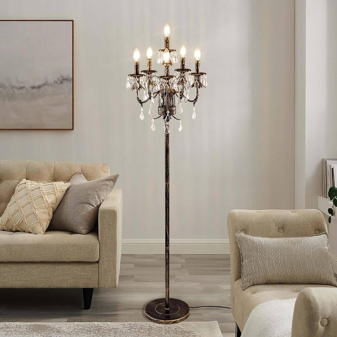 Wellmet Bronze Floor Lamp for Living Room Corner, 6 Lights Farmhouse Standing Lamp, Tall Crystal Floor Lamp with Foot Switch for Office, Reading Room, Bedroom (E12 Base)