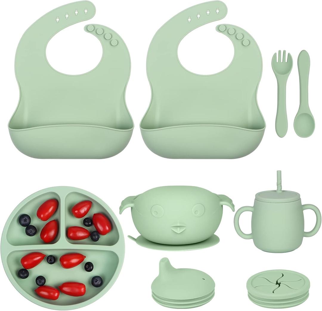 LOKEISNA Silicone Baby Feeding Set 11 Piece, Baby Led Weaning Feeding Supplies, Strong Suction Bowl & Suction Plate, Adjustable Bibs, 4-in-1 Cup, Spoon & Fork, Food-grade Silicone (Green)