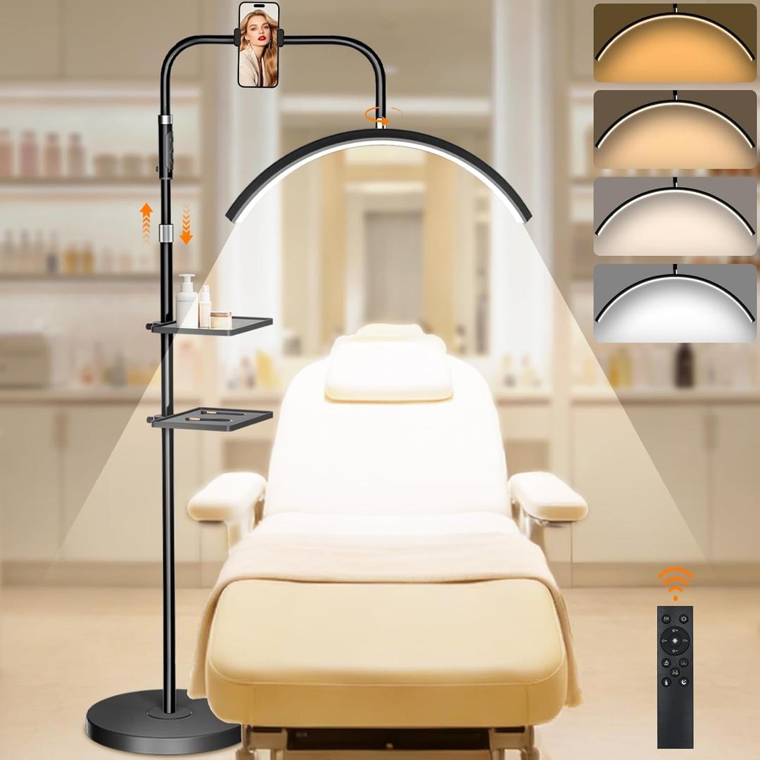 young master Half Moon Lash Light, 24W 1500LM Dimmable LED Floor Lamp with Adjustable Height for Lash Techs, Tattoo & Nail Artists, 4 Color Modes, Phone Holder & 2 Trays