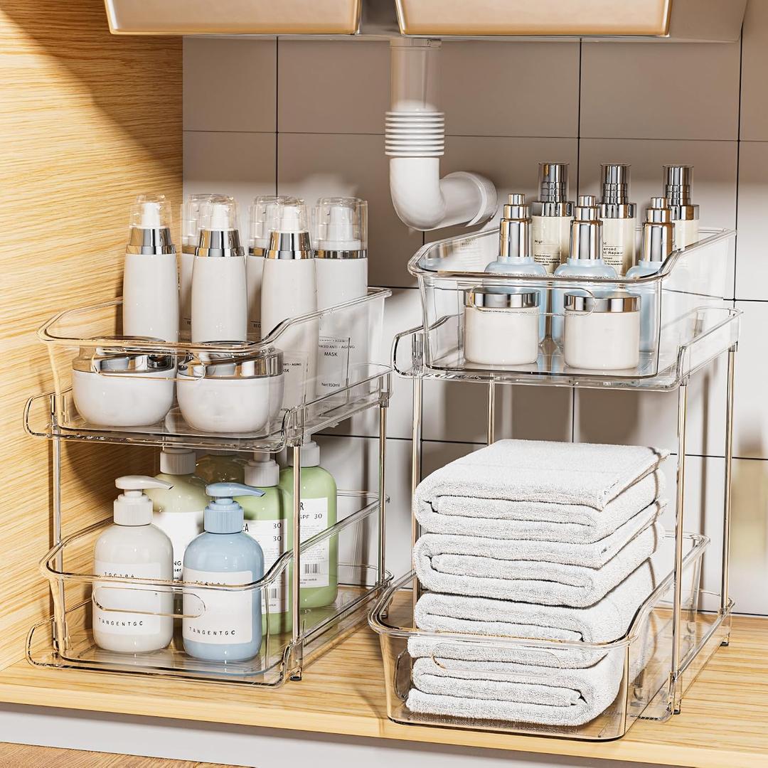 Delamu 2-Tier Under Sink Organizers and Storage, Multi-Purpose Stackable Bathroom Cabinet organizers, Pull Out Kitchen Pantry Organization and Storage with Dividers(2 Pack, Clear)