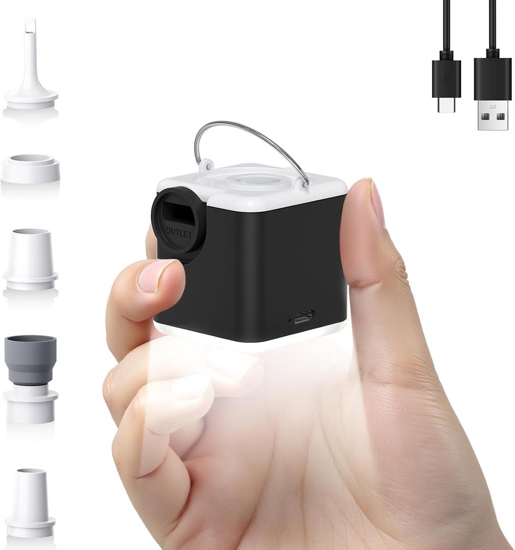 Portable Mini Air Pump for Inflatables, 4.5 kPa 2400mAh Air Mattress Pump Electric with Camping Light and 5 Nozzles, USB Rechargeable Quick Inflate Deflate for Pool Floats Camping Beach Travel