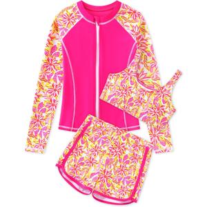 Girls 3 Piece Swimsuit Long Sleeve Rash Guard Zipper Bathing Suit UPF 50+ Summer Swimwear for Girl 11-12 Years