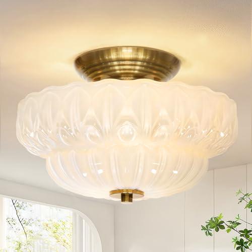 OYKYOHEI Semi Flush Mount Ceiling Light,11IN Vintage Gold Hallway Lights Fixture,3-Bulb Globe Milk Glass Close to Ceiling Light for Bathroom, Hallway, Dining Room,Bulb Not Included