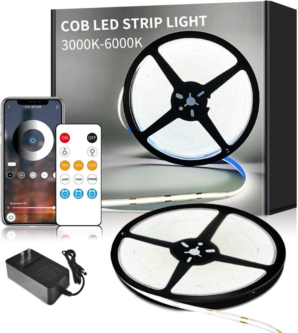 32.8ft COB LED Strip Lights DC 24V Dimmable 6000K White Flexible LED Tape Light for Bedroom, with Remote and app Control LED Tape Lights CRI90+,for DIY Home DecorationWhite