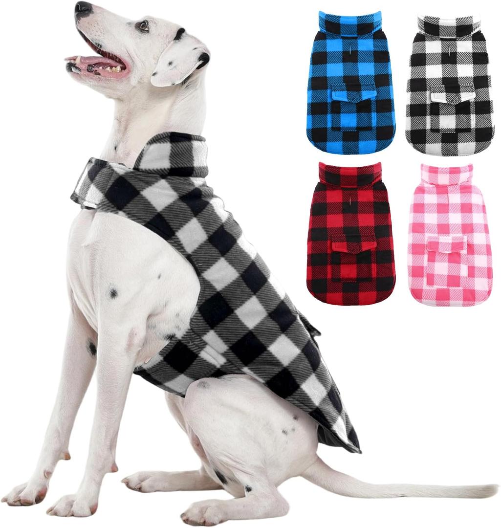 Kuoser Dog Winter Coat, Windproof Dog Fleece Jacket British Style Plaid Cold Weather Doggie Vest Coats, Reversible Cozy Warm Pet Clothes Apparel for Large Size Dogs L (White)