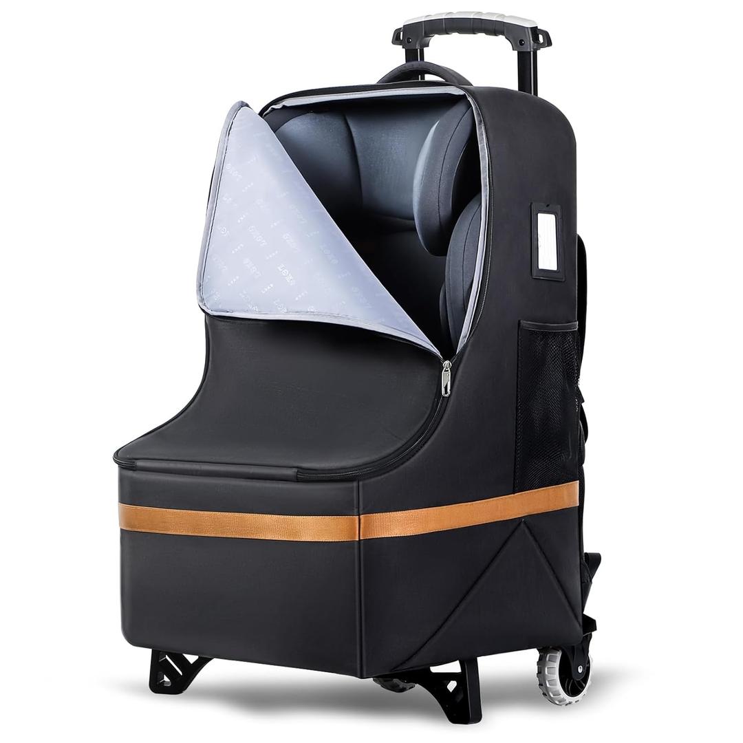 Padded Car Seat Travel Bag with Wheels and Telescoping Handle,2 in 1 Car Seat Carrier for Airport, Heavy Duty Travel Backpack with Shoulder Strap Foldable Carseat Cover for Airplane, Black